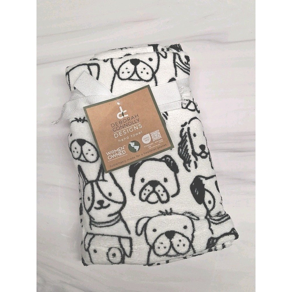 Deborah Connolly Set of 2 White Hand Towels /w Black Outlined Puppies/Dogs 16x28